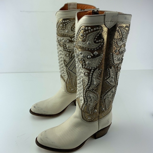 Womens Frye Boots 6 Deborah Deco Tall Studded Off White Distressed Vintage Rare - Picture 2 of 8